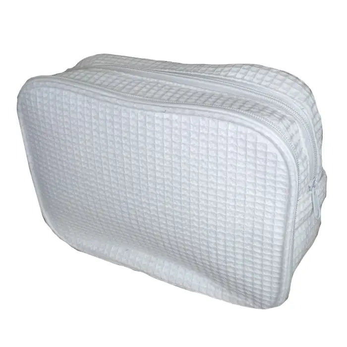 Waffle Cosmetic Bag, Double Zipper - White & Navy